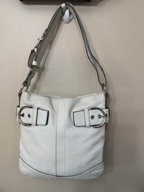 Vintage Coach White Leather Shoulder Bag with Silver Buckle Accents# 1452